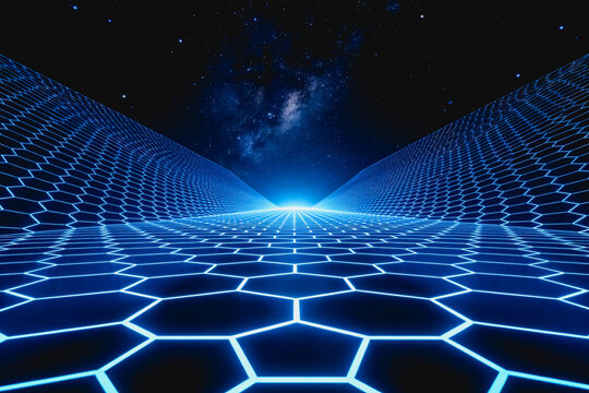 A futuristic digital hexagonal grid extends toward a bright horizon, set against a starry cosmic sky, representing advanced technology and space-themed concepts.