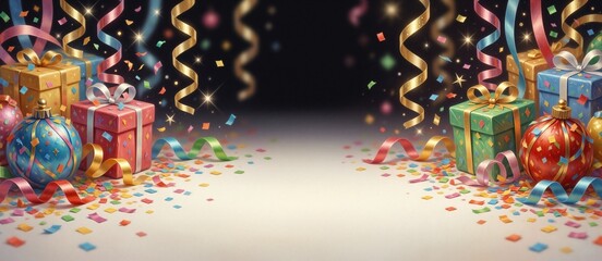 Fototapeta premium Festive gift celebration with colorful ornaments, ribbons, gold streamers, and scattered confetti.