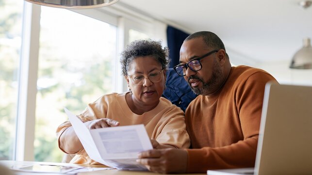 Tax notice and letters reviewed by a senior Black couple at a light oak dining table, natural moment for income tax and financial planning