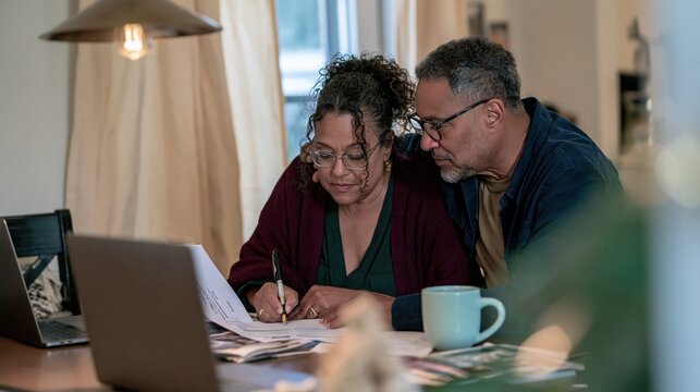 Senior Black couple signing a tax return on a warm brown table, looking relieved in a cozy home setting for tax notice and income tax themes