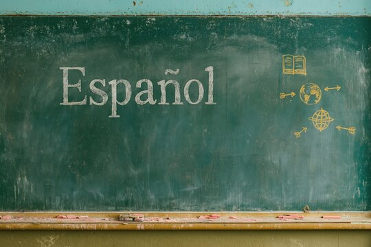 Espanol written on a dark teal chalkboard with chalk sketches of a globe and book, featuring a dusty texture for language school materials