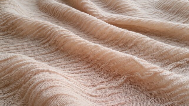 Cheesecloth fabric texture with soft diagonal ripples, a rustic cotton muslin material in beige and peach tones for organic backgrounds