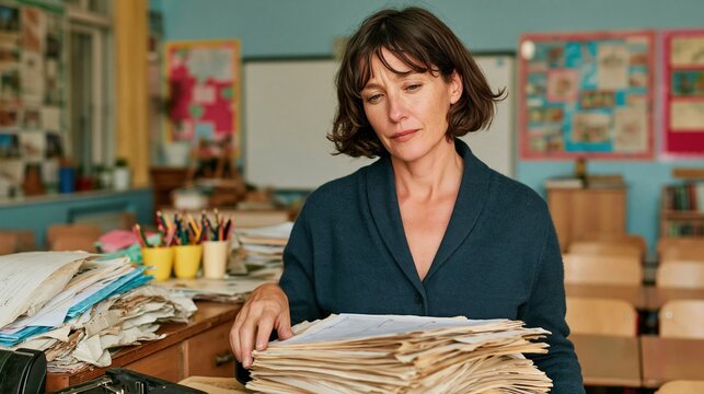 Teacher organizing stacks of blank worksheets at a smooth wooden desk in an empty classroom for education and workload articles