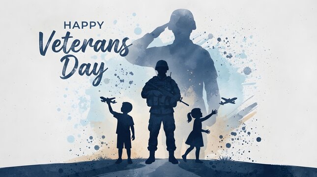 Happy Veterans Day Silhouette of Soldier, Family and American Flag Against Blue Watercolor Background