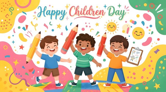 Happy Children&rsquo;s Day Colorful Cartoon Illustration of Diverse Children Playing with Balloons