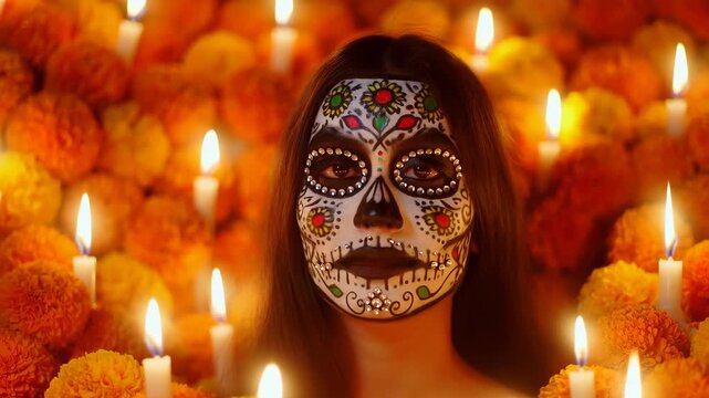 60 FPS slow push in on woman with sugar skull face paint amid marigolds and candlelight