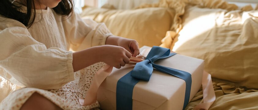Girl hands untying a blue ribbon on a wrapped gift box, soft and tender childhood moment in a sunny bedroom for holiday ads