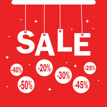 Red Sale Promo Banner Vector with Hanging Sale Text and Discount Tags. Resizable and editable, EPS 10.