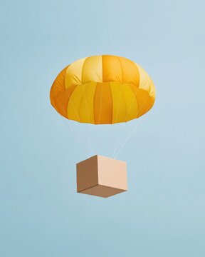 Striped parachute lowering a blank cardboard box against a bright blue background, featuring soft fabric and clean lines for airdrop