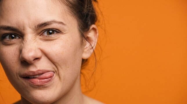 Woman making exaggerated funny face with tongue out against orange