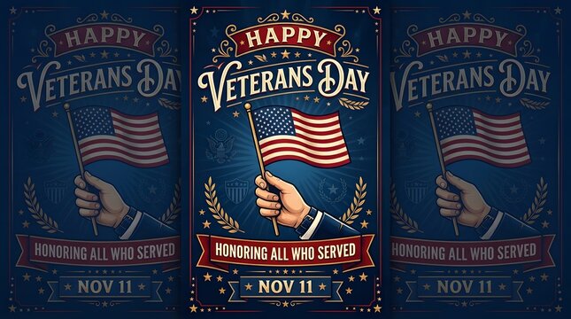 Happy Veterans Day Patriotic Poster Collection with Saluting Soldier, American Flags and Honor All Who Served