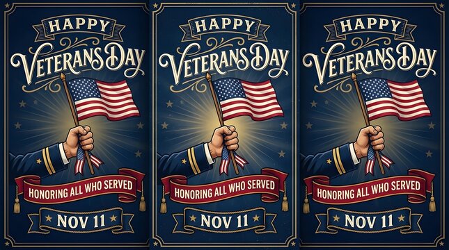 Happy Veterans Day Patriotic Poster Collection with Saluting Soldier, American Flags and Honor All Who Served