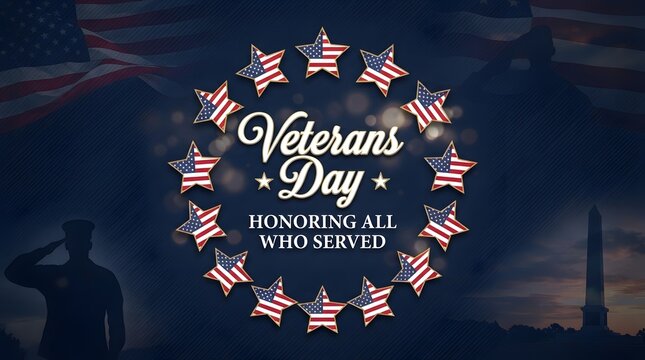 Veterans Day Emblem with American Flag, Stars and Honor All Who Served Message on Blue Background