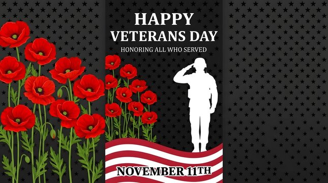 Happy Veterans Day Poster with Saluting Soldier, Red Poppies, American Flag and November 11 Message