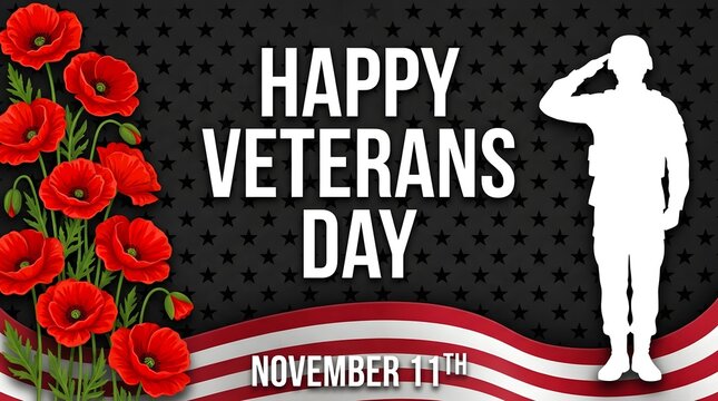 Happy Veterans Day Poster with Saluting Soldier, Red Poppies, American Flag and November 11 Message