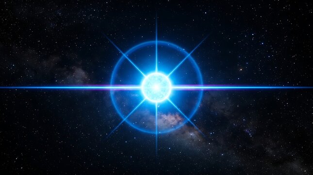 A brilliant blue star glows against a textured galaxy, creating a background for science and technology themes