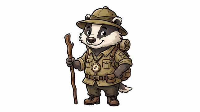 Cute Explorer Badger Mascot Illustration Safari Badger Holding Walking Stick Wearing Pith Helmet and Compass Isolated on White Background   