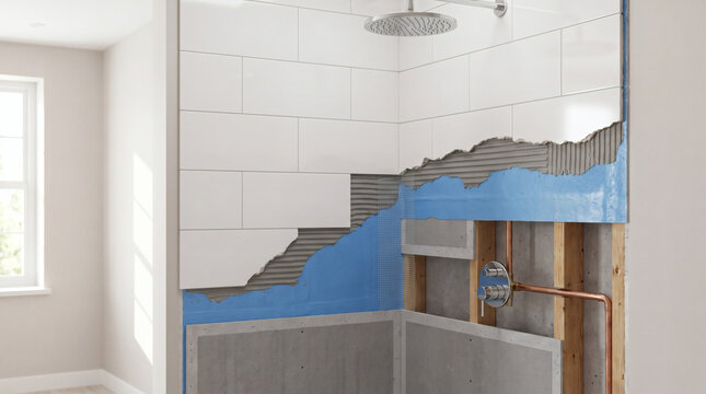 Cutaway cross section of modern bathroom shower wall showing construction layers waterproof membrane cement board mortar adhesive tiles plumbing pipes and stud framing