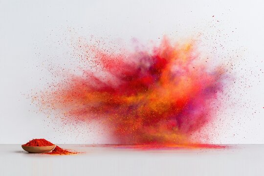Saffron powder exploding in a vivid cloud of orange and red pigment from a small clay bowl, set against a bright white wall for copy space