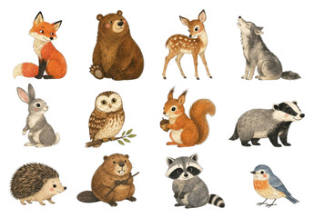 Fototapeta premium PNG woodland animal illustrations--fox, bear, deer, wolf and more on a transparent background.