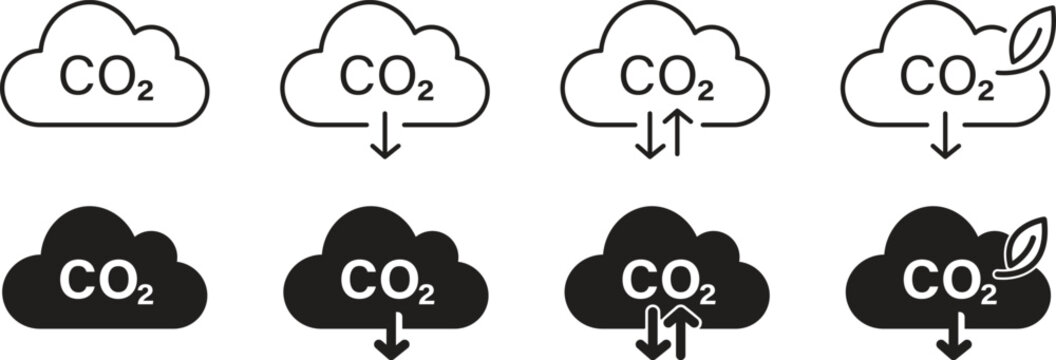 CO2 emissions reduction cloud icons set, Carbon footprint reduction and eco-friendly vector illustration, Outline and solid symbols for environmental protection design