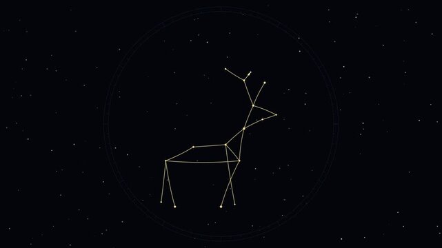 Seamless loop animation of a cosmic golden string-art loom weaving the celestial constellation of a Christmas reindeer with pine branch antlers.