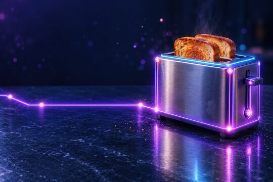 Steel toaster with glowing neon circuit lines and toasted bread on a dark kitchen counter, for digital commerce and smart home concepts