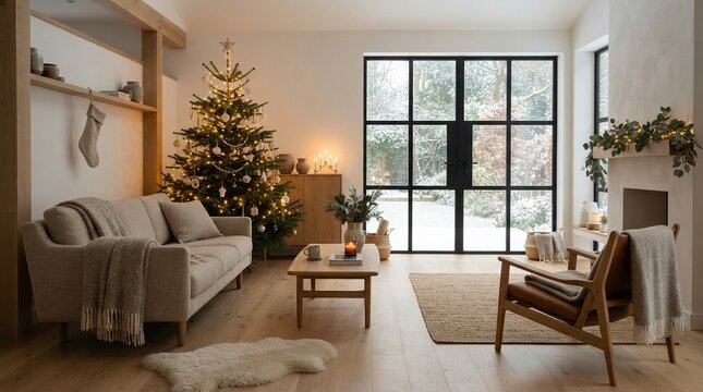 Cozy Scandinavian living room interior decorated for Christmas with a lit tree, warm fireplace, and large windows overlooking a snowy garden in a modern hygge winter home design.