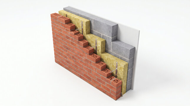 Brick cavity wall construction cutaway showing exterior red bricks wall ties thermal mineral wool insulation concrete blocks and interior plasterboard for energy efficiency
