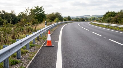 Fototapeta premium Bright orange traffic safety cone standing on the asphalt shoulder next to metal guardrails along a winding country road