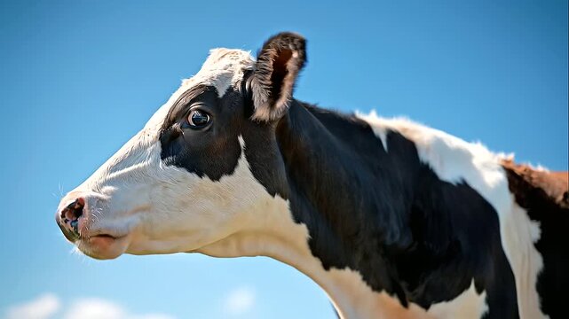 Holstein dairy cows under bright daylight, strong natural sunlight highlighting fine fur strands and the contrast between white patches and deep black markings, livestock farming, dairy cattle and agr
