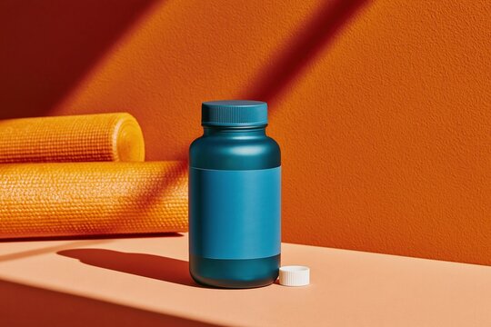 Glucosamine joint supplement jar with a blank mockup label, set against a matte terracotta background with copy space for joint health