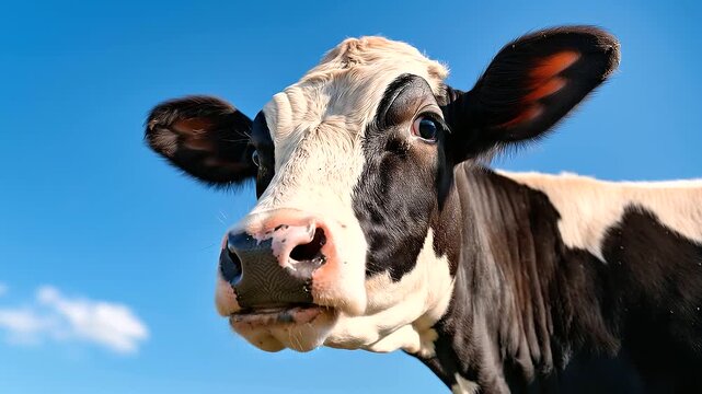 Holstein dairy cows under bright daylight, strong natural sunlight highlighting fine fur strands and the contrast between white patches and deep black markings, livestock farming, dairy cattle and agr