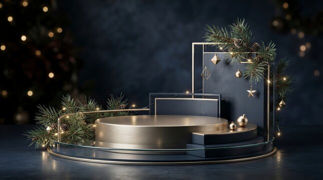 Elegant gold and dark blue podium stage decorated with Christmas pine branches, golden ornaments, and glowing fairy lights, perfect for luxury holiday product presentation and advertising.