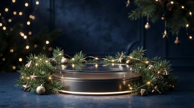 Elegant empty glass and metallic pedestal for product presentation decorated with Christmas pine branches, golden ornaments, and warm fairy lights on a dark blue festive background.