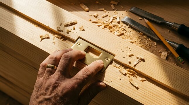 Woodworker hand fitting a polished brass strike plate into a carved mortise with chisels and shavings. nearby.