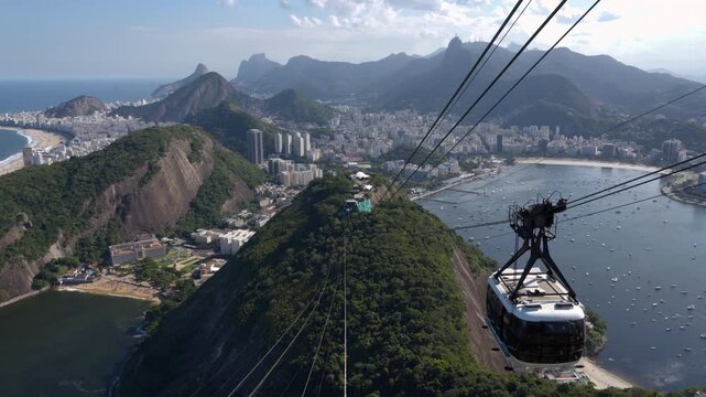 Cable car arriving at Sugarloaf Mountain with a sweeping view of Rio de Janeiro during summer, Brazil.