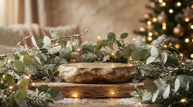 Natural Stone Product Podium for Spa and Beauty Display with Eucalyptus Leaves, Frosted Pine Branches, and Festive String Lights in a Cozy Christmas Holiday Interior Background