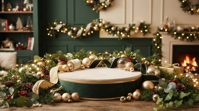 Elegant Green Velvet Round Podium for Subscription Box Display with Golden Christmas Ornaments, Pine Needles, Fairy Lights, and Festive Fireplace Interior Background for Holiday Product Showcase