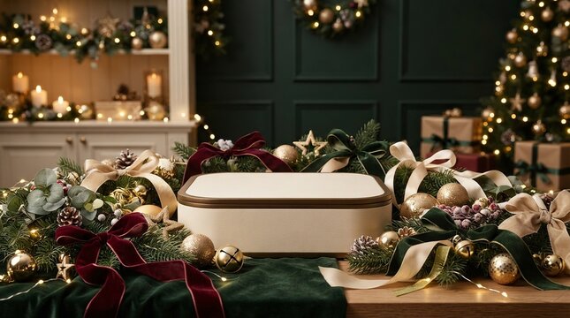 Elegant Christmas subscription box mockup on a festive podium surrounded by pine branches, velvet ribbons, and golden ornaments in a cozy holiday interior with warm bokeh lights background.