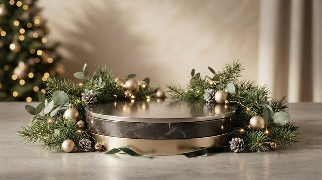 Elegant Marble and Gold Circular Podium for Product Presentation Decorated with Christmas Evergreen Branches, Golden Baubles, and Warm Fairy Lights on a Neutral Festive Background