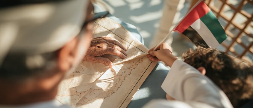 UAE map being smoothed by an elderly hand, featuring a small national flag and a child's hand for commemoration day UAE and national day