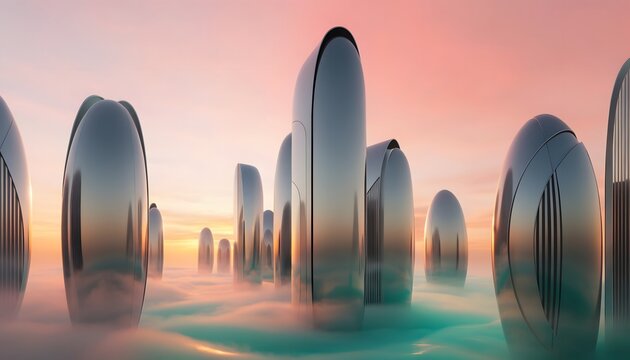 Futuristic metallic skyscraper capsules rising above sea clouds. Sci-fi city architecture and advanced technology concept. Shiny capsule-shaped buildings standing in a sea of fog