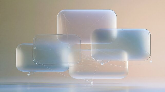 Lavender and pale blue speech bubbles floating in a cluster, featuring frosted translucent glass textures and fine threads for chat banners