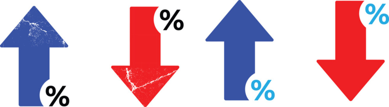 Financial indicators showing growth and decline with percentage signs representing market fluctuations and economic trends
