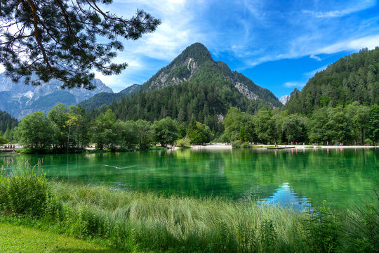 Lake Jasna and Zlatorog statue in Kranjska Gora, Slovenia