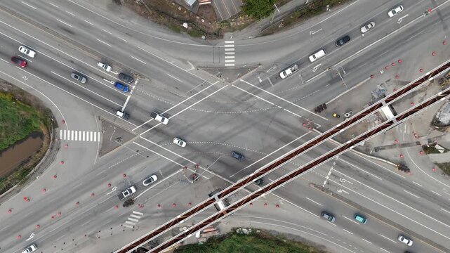 Aerial View Of A Diverging Diamond Interchange With Surrey Langley Skytrain Project In Surrey, BC, Canada.