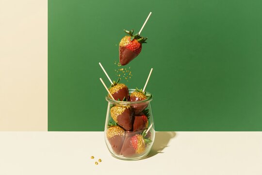 Chocolate-dipped strawberries with gold sprinkles hovering over a glass jar on a green background for festive holiday promotions