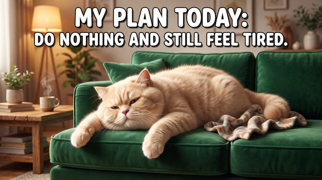 Funny Lazy Cat Meme with &ldquo;My Plan Today&rdquo; Quote on Cozy Sofa