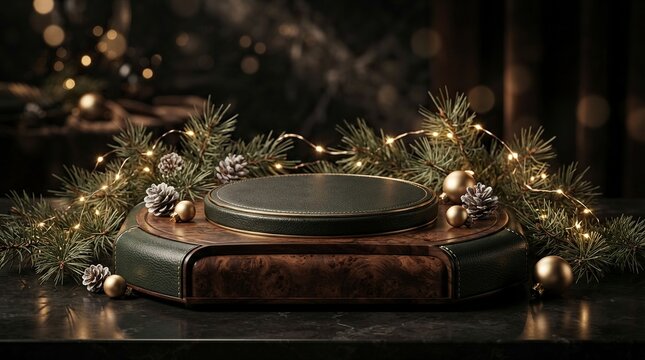 Luxurious Dark Wood and Green Leather Podium for Watch Display Surrounded by Festive Christmas Pine Branches Gold Ornaments and Warm Fairy Lights for Elegant Holiday Product Showcase Backdrop